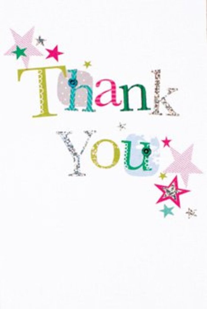 This thank you card carries a quietly exuberant elegance, its graceful lettering and playful flourishes reflecting the best of Isleworth's subtle charm. Each letter stands with its own unique character: some caper with gentle spots and whimsical curves, while others glide in refined, almost melodic lines-reminiscent of the gentle flow of the Thames nearby. Vibrant clusters of stars, rendered in sparkling pink, rich turquoise, and gleaming silver, hover around the message as if lending a celebratory blessing. The airy, modern design feels light and effortless, with touches of stardust enlivening the card's pristine white field. There's a tranquil sophistication here, never too formal but always inviting and warm, perfectly suited to accompany a thoughtfully crafted bouquet whether for a neighbour along St John's Road or a special celebration near The Woodlands. Every textured glimmer and bright hue hums with an uplifting sense of gratitude. Picture this card nestled among radiant blooms from Isleworth's local florists, magnifying the heartfelt thanks that echo through every petal and every thoughtful gesture within the community.